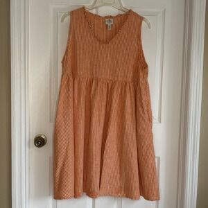 St. John Bay Orange & White Sleeveless Dress V Neck With Pockets Linen Cotton XL